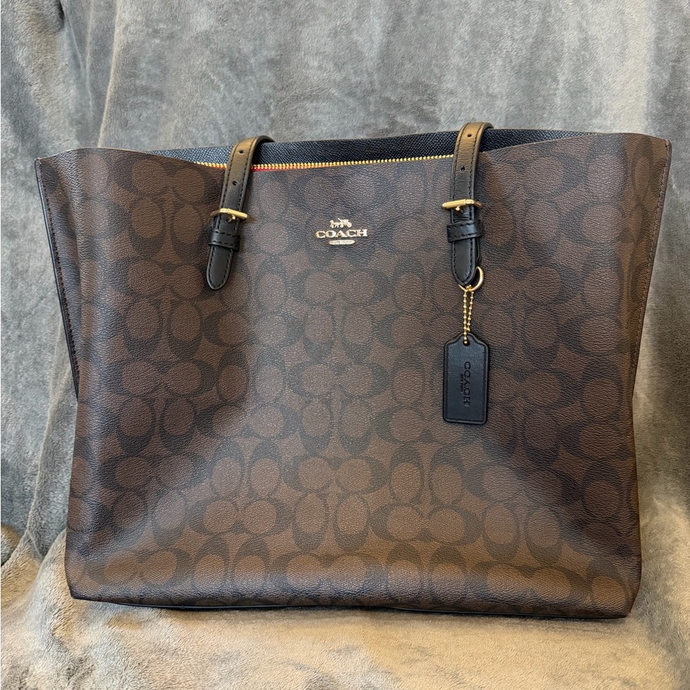 Coach Mollie Tote - Dark Brown Signature Canvas Tote with Black Leather Trim